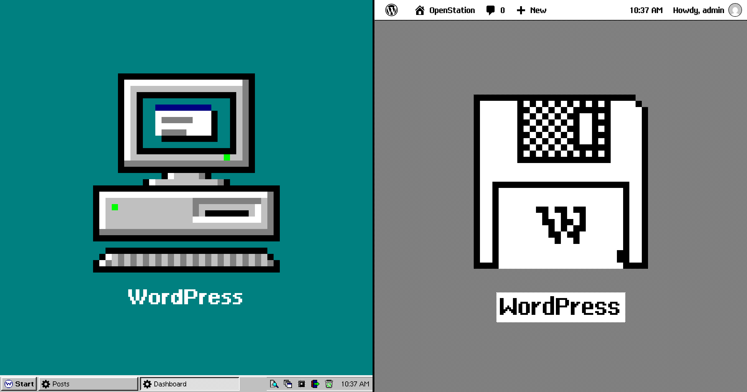 Two pixel-art WordPress icons side by side: a 1995 computer on a teal desk with a taskbar, and a 1984 floppy disk on a dithered grey desk with a black and white menu bar.